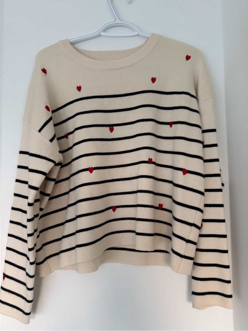 Cream Striped Crewneck Sweater with Red Heart Motif